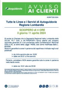 AUTOGUIDOVIE -sciopero di 4 ore il giorno11/04/2024